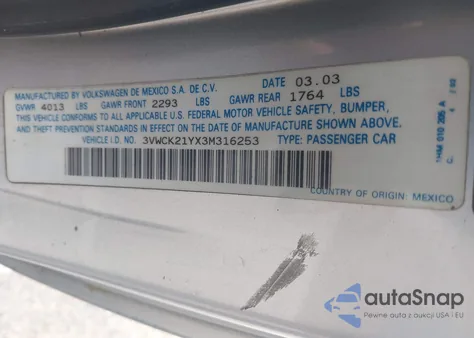 2003 Volkswagen New Beetle Gls z USA, uszkodzony, nr VIN 3VWCK21YX3M316253